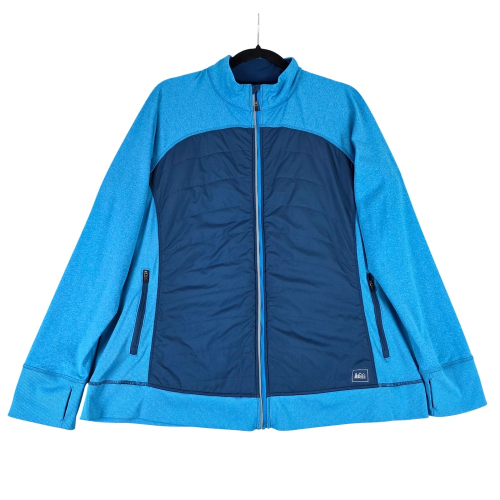 REI Womens 2X Blue Hybrid Quilted Full Zip Running Jacket Thumbholes 854430